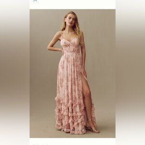 V. Chapman Carmen Corset Front-Slit Ruffled Gown